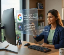 A futuristic representation of Google Gemini AI in 2026 showing a seamless multimodal interface with holographic data streams and human-computer interaction.