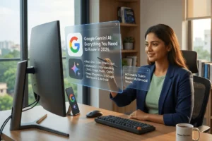 A futuristic representation of Google Gemini AI in 2026 showing a seamless multimodal interface with holographic data streams and human-computer interaction.