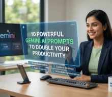 A professional woman in a modern office using a futuristic holographic interface to manage Gemini AI prompts for email automation and content strategy.