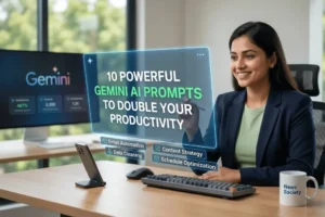 A professional woman in a modern office using a futuristic holographic interface to manage Gemini AI prompts for email automation and content strategy.