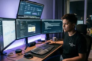 A tech professional in Bhubaneswar conducting a using AI for 24 hours experiment in a multi-monitor office setup with AI tools like Gemini 3 Flash and Nano Banana 2 displayed on screens.